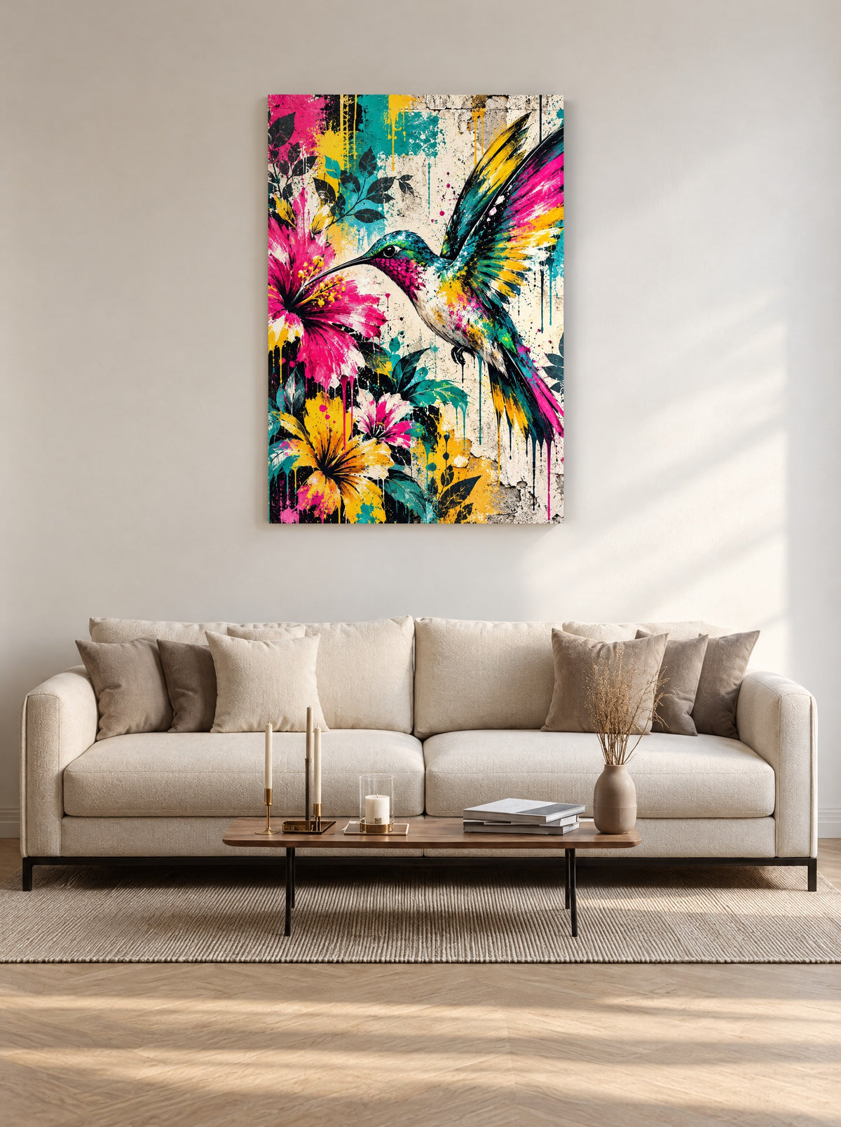 Kolibrie in Graffitibloei als canvas zonder lijst aan de muur