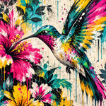 Kolibrie in Graffitibloei: een kolibrie zweeft bij een roze hibiscus