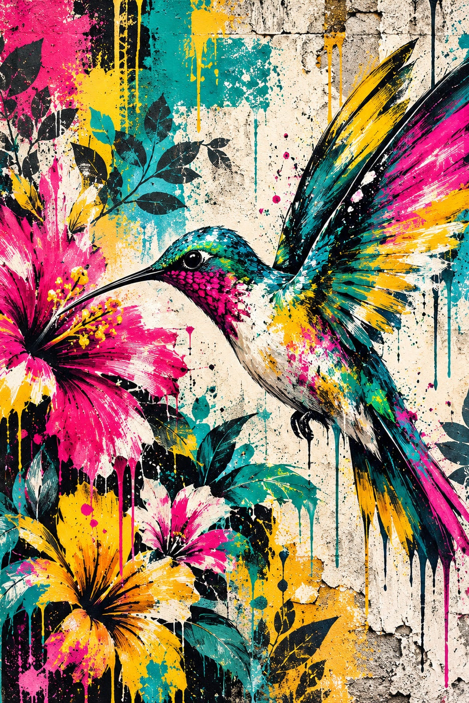 Kolibrie in Graffitibloei: een kolibrie zweeft bij een roze hibiscus