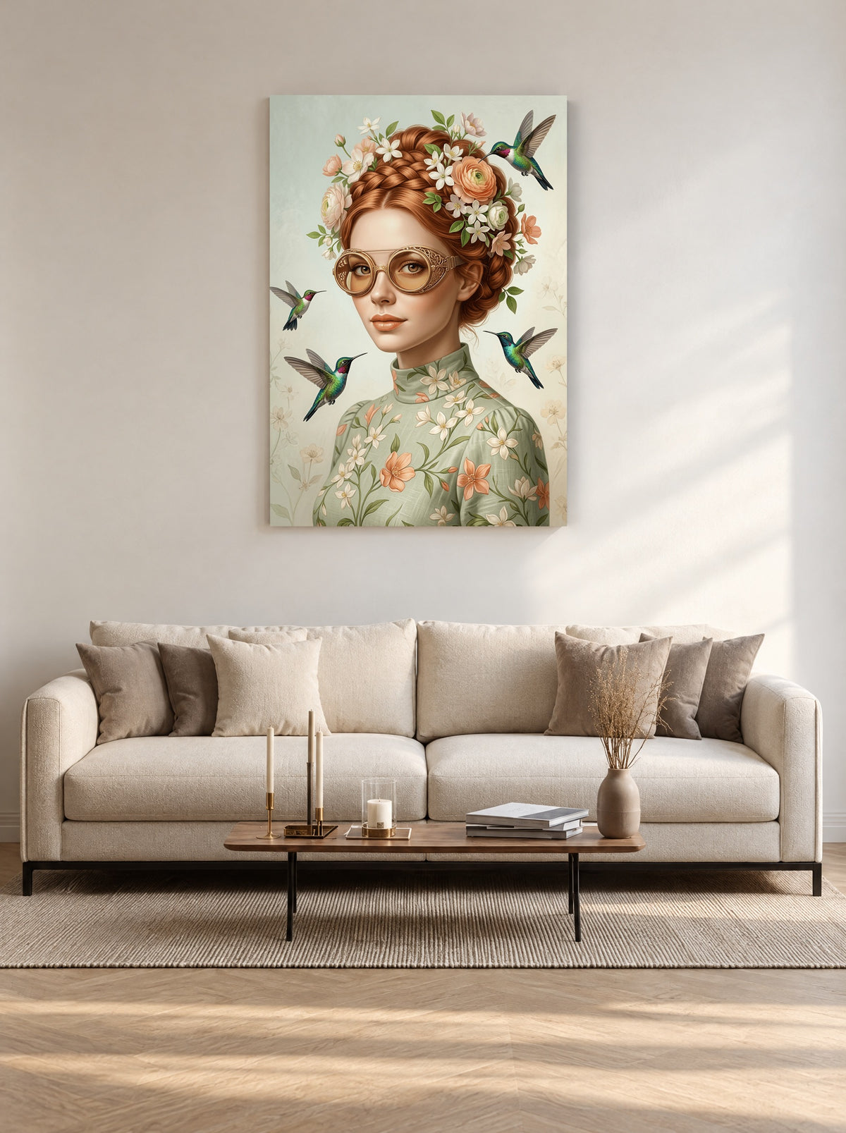 Kolibriedroom met Gouden Brilglans als canvas zonder lijst aan de muur