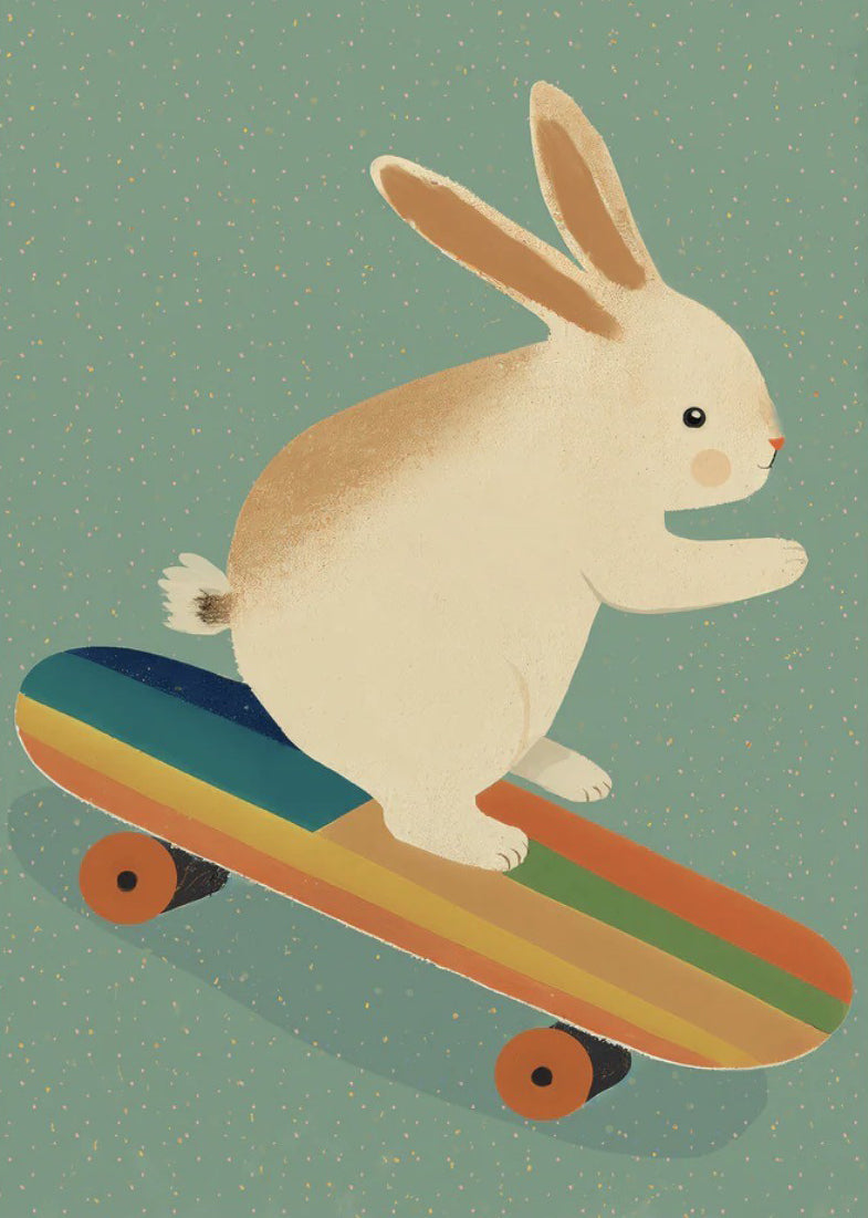 Illustratie van een wit konijn op een kleurrijk skateboard tegen een zachte mintgroene achtergrond