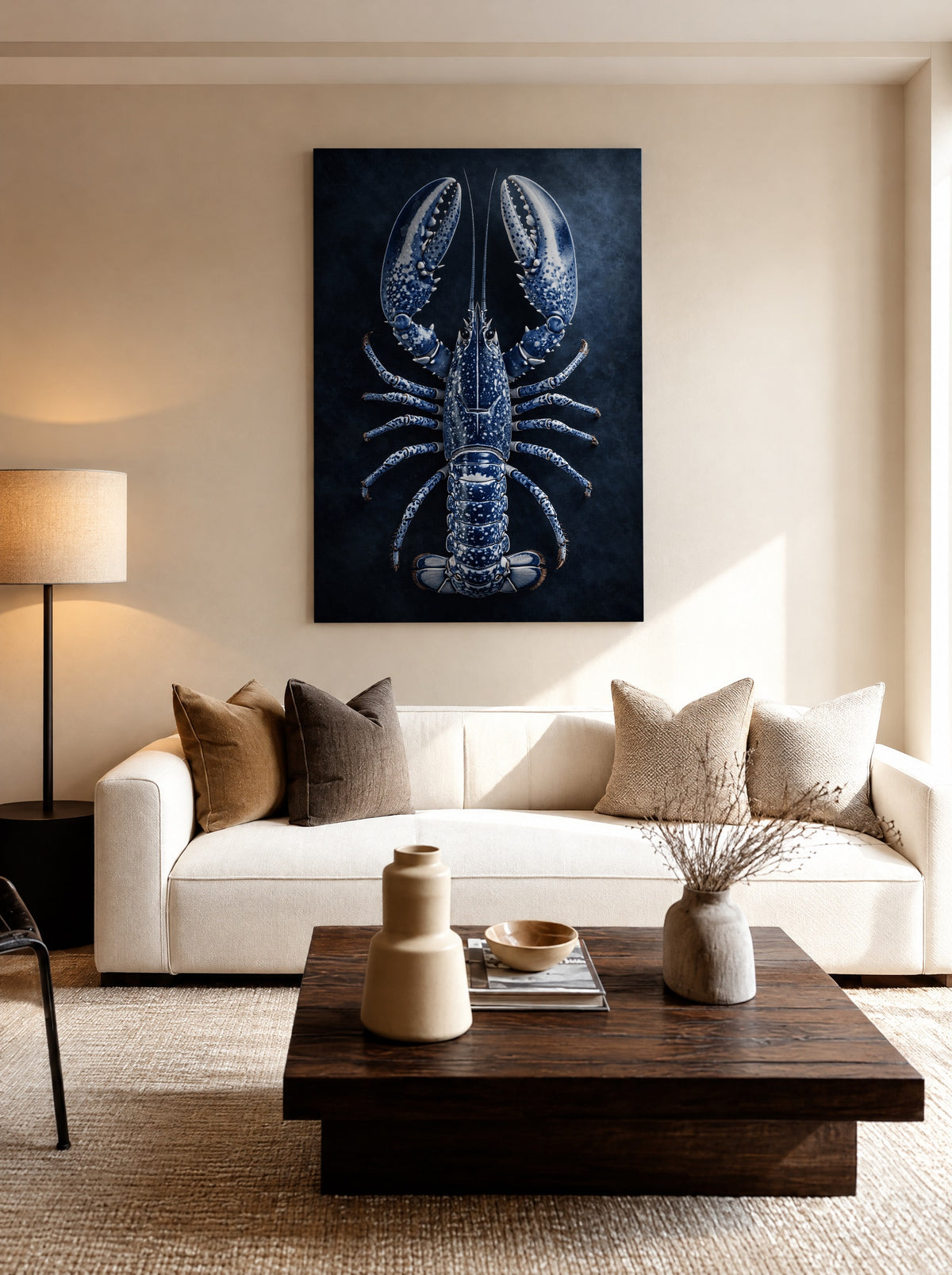Koningskreeft in Oceaanblauw als canvas zonder lijst aan de muur