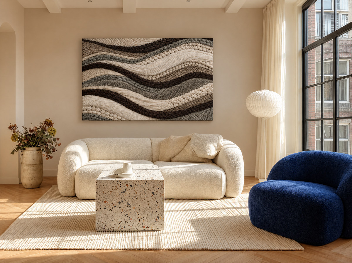Koordgolven in Naturel en Taupe als canvas zonder lijst aan de muur
