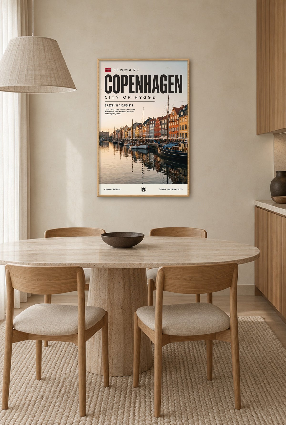 Kopenhagen Stad van Hygge Wandbild mit Naturholzrahmen an der Wand in der Küche