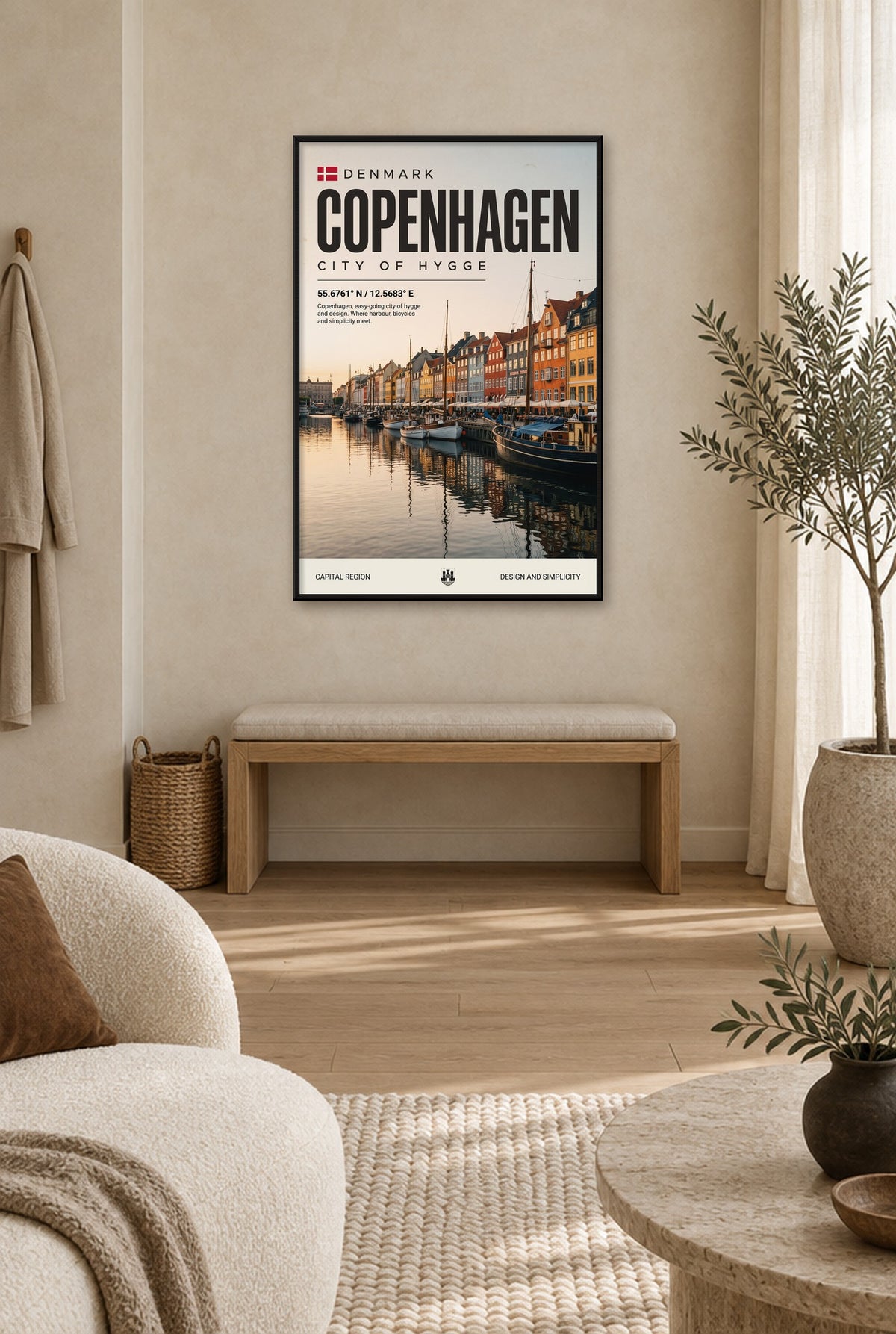 Kopenhagen Stad van Hygge Wandbild mit schwarzem Rahmen an der Wand im Flur