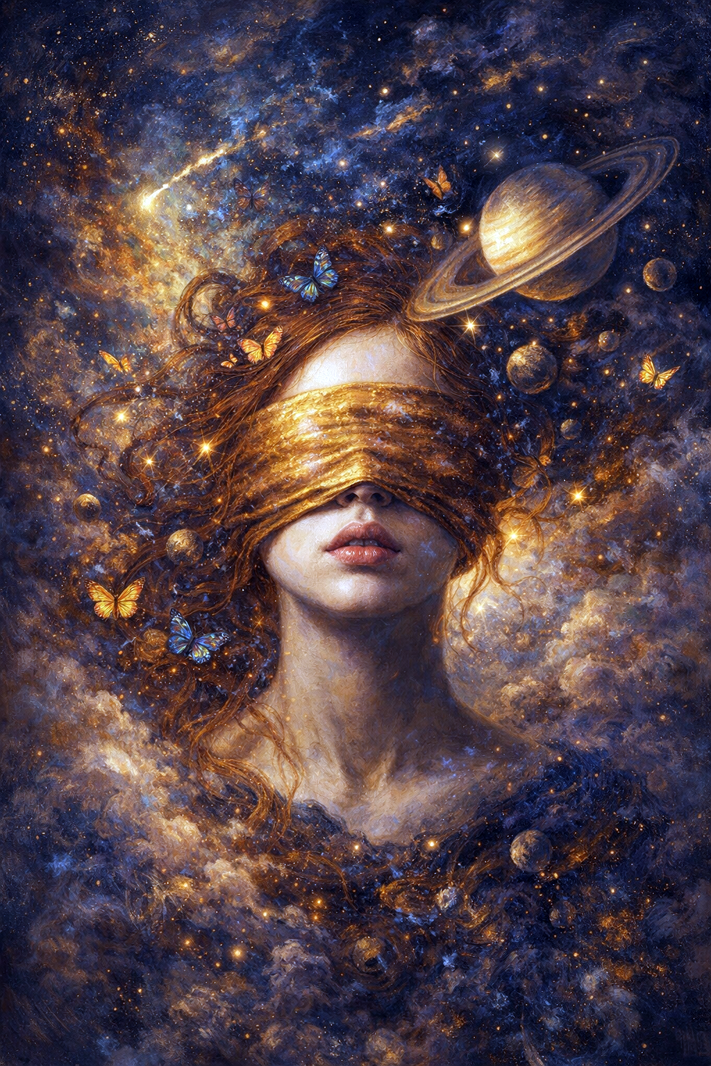 Surrealistisch schilderachtig portret van een vrouw met gouden blinddoek, vlinders en planeten in een kosmische sterrenhemel