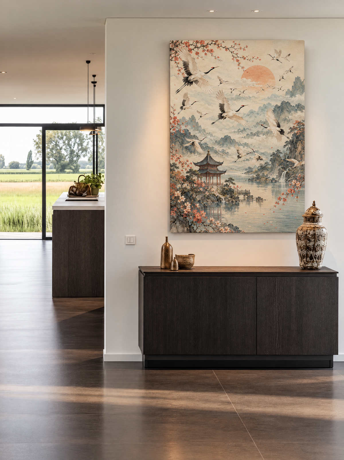 Kraanvogels boven het Meer als canvas zonder lijst aan de muur