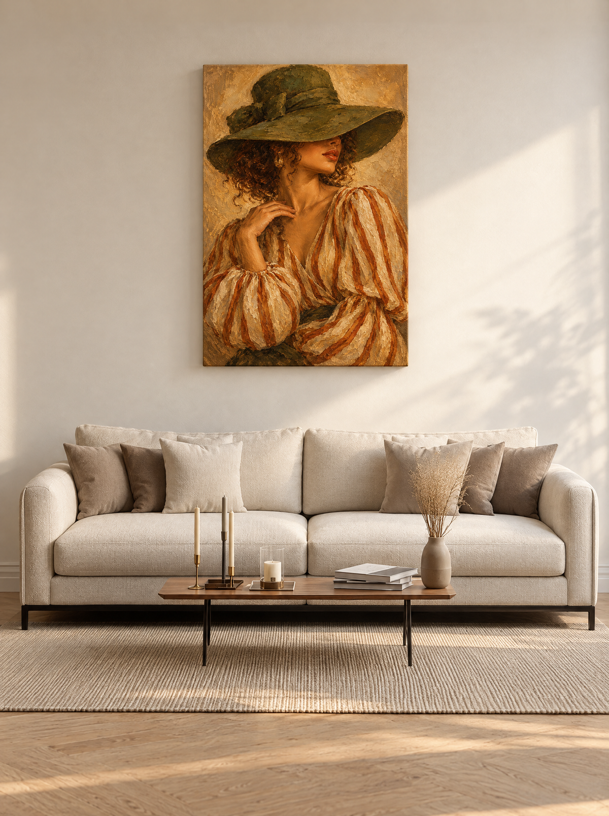 Krullen onder Groene Hoed als canvas zonder lijst aan de muur