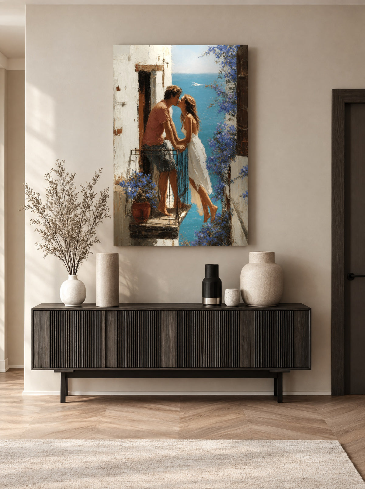 Kus met Zeezicht als canvas zonder lijst aan de muur