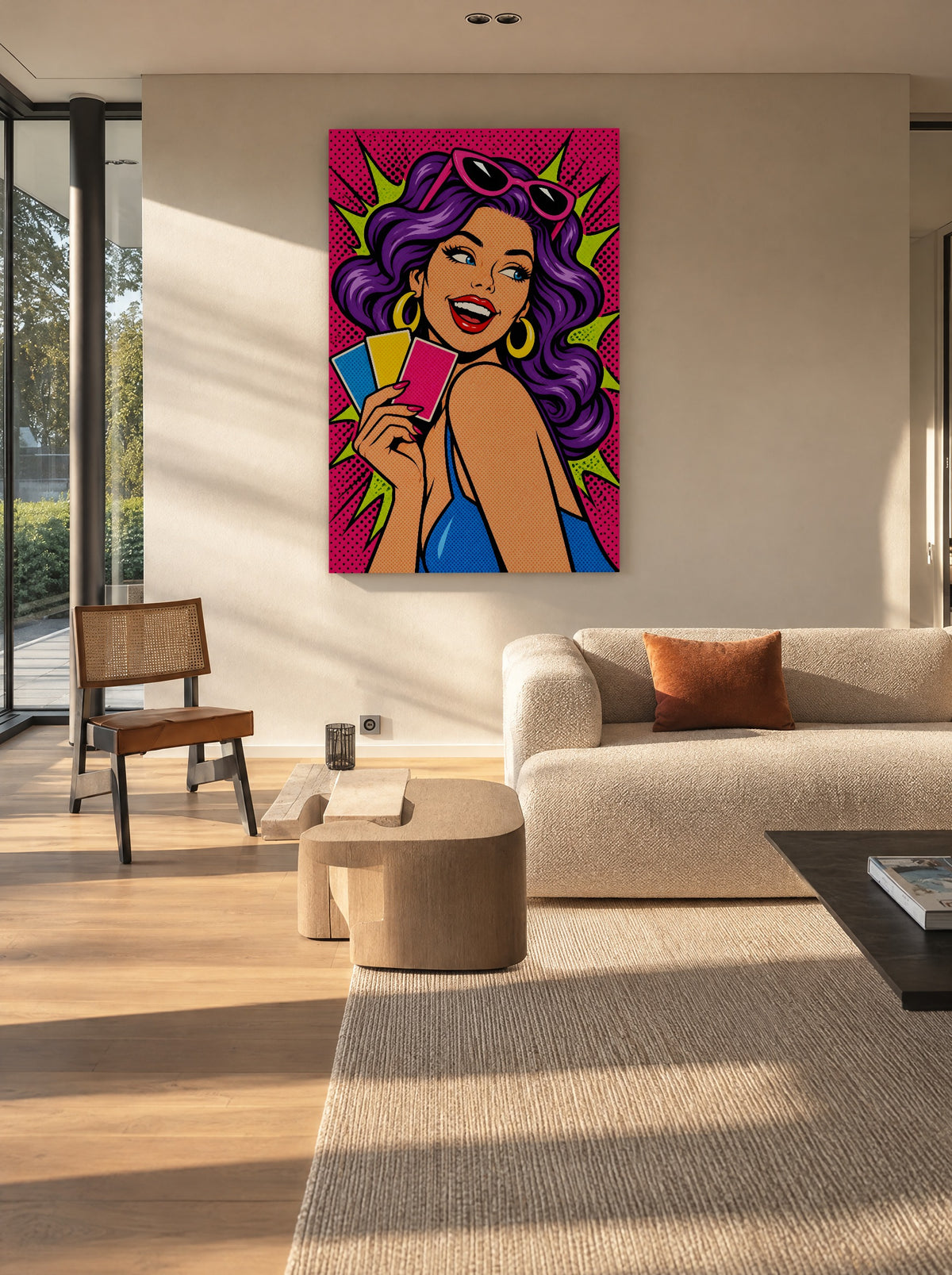 Lachende Popart Vrouw met Kleurkaarten als canvas zonder lijst aan de muur