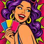Lachende Popart Vrouw met Kleurkaarten popart canvas schilderij