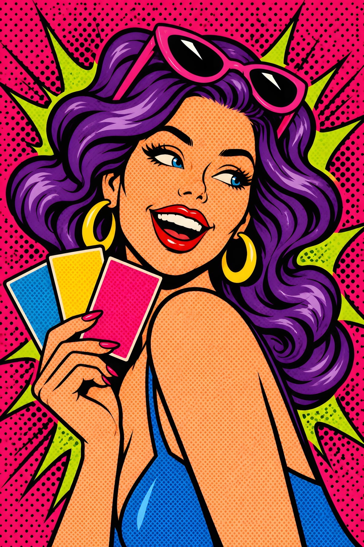 Lachende Popart Vrouw met Kleurkaarten popart canvas schilderij