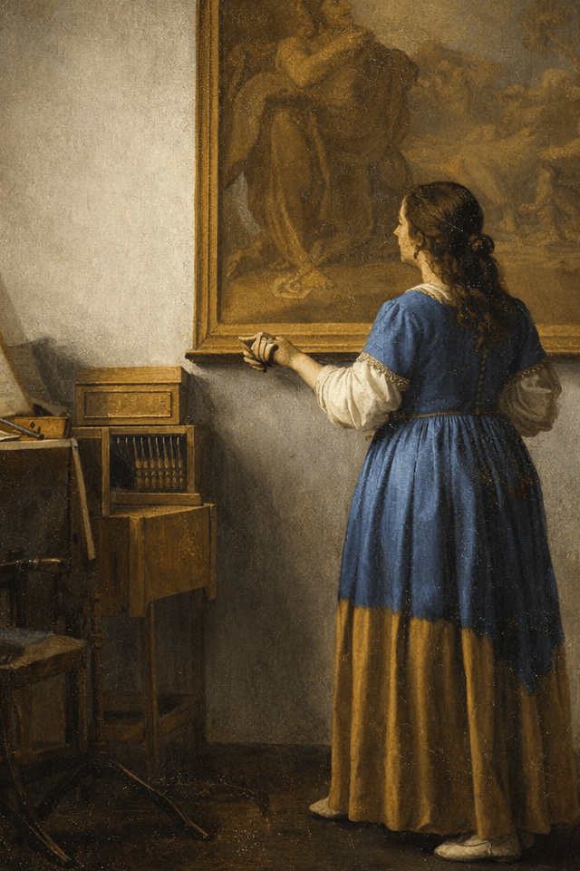 Staande Vrouw aan het Virginaal Schilderij