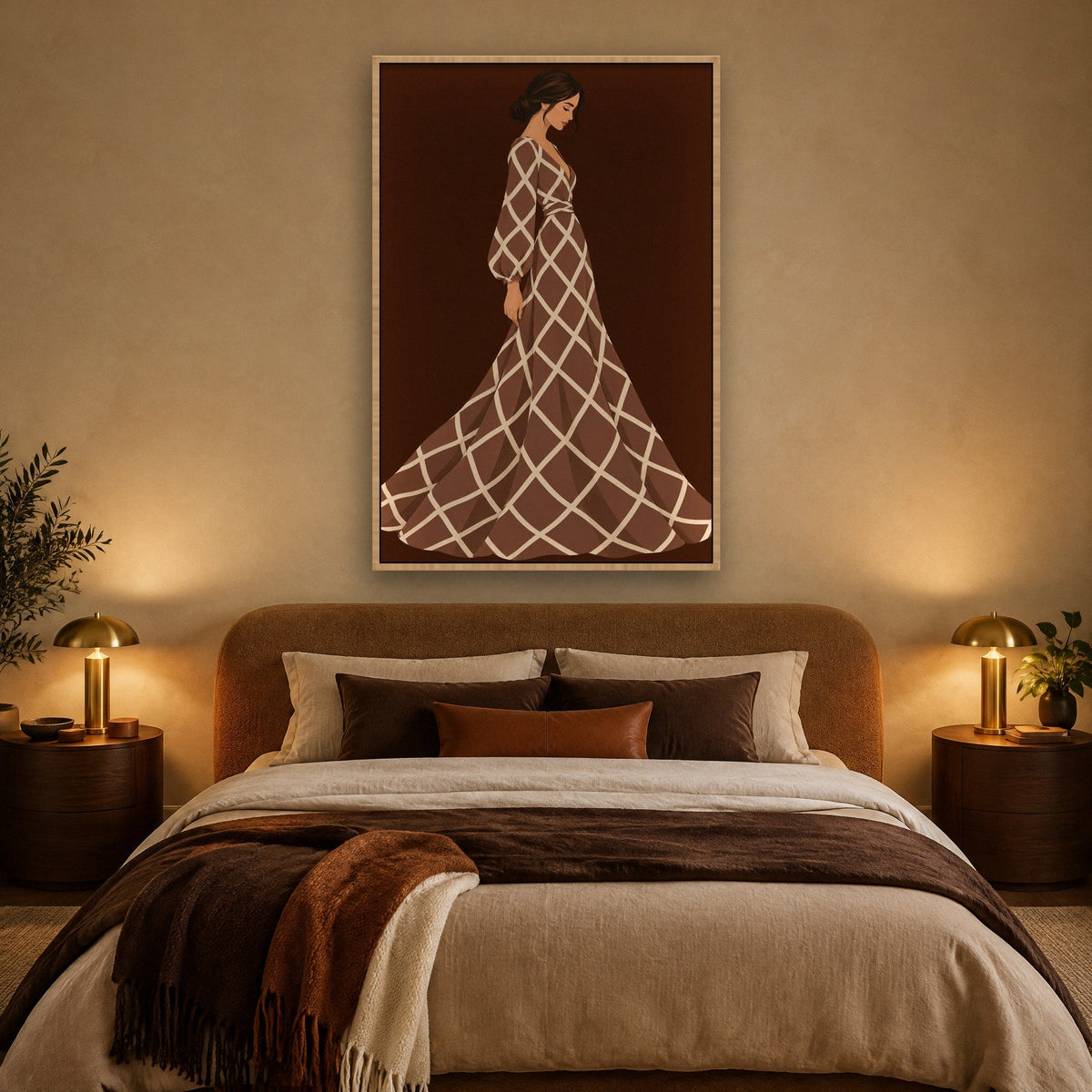 Mokkakleid mit Rautenmuster Wandbild mit Naturholzrahmen an der Wand im Schlafzimmer