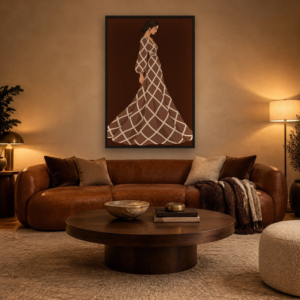 Mokkakleid mit Rautenmuster Wandbild mit schwarzem Rahmen an der Wand im Wohnzimmer