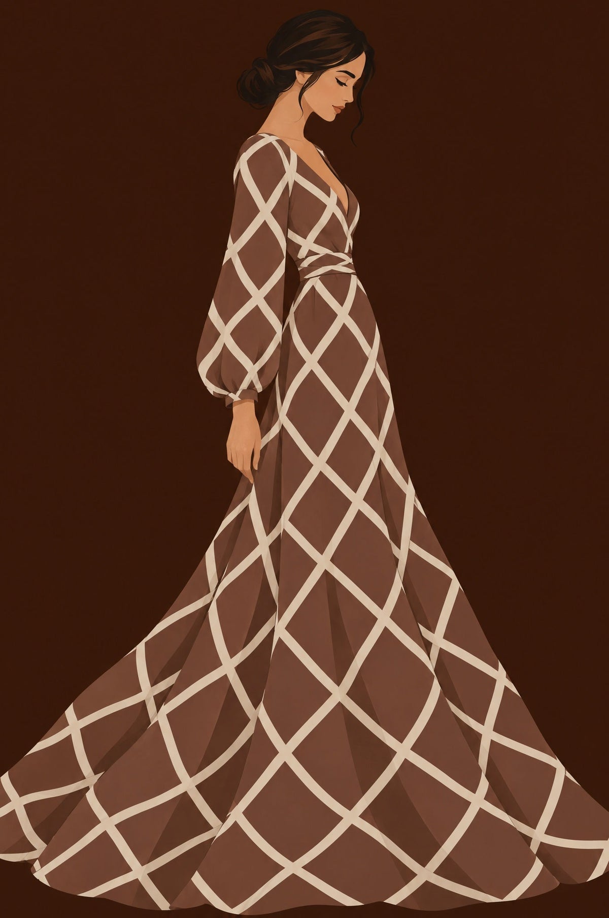 Modeillustration einer Frau im Profil in langem mokkabraunem Kleid mit cremefarbenem Rautenmuster