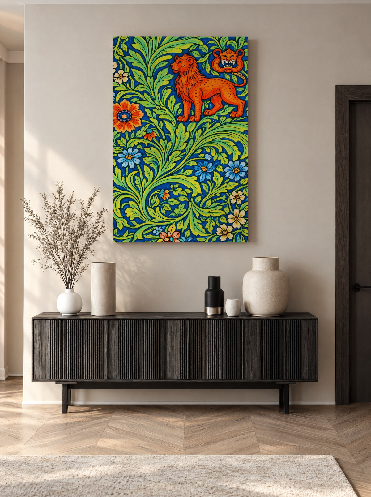 Leeuw in Bloemenranken als canvas zonder lijst aan de muur