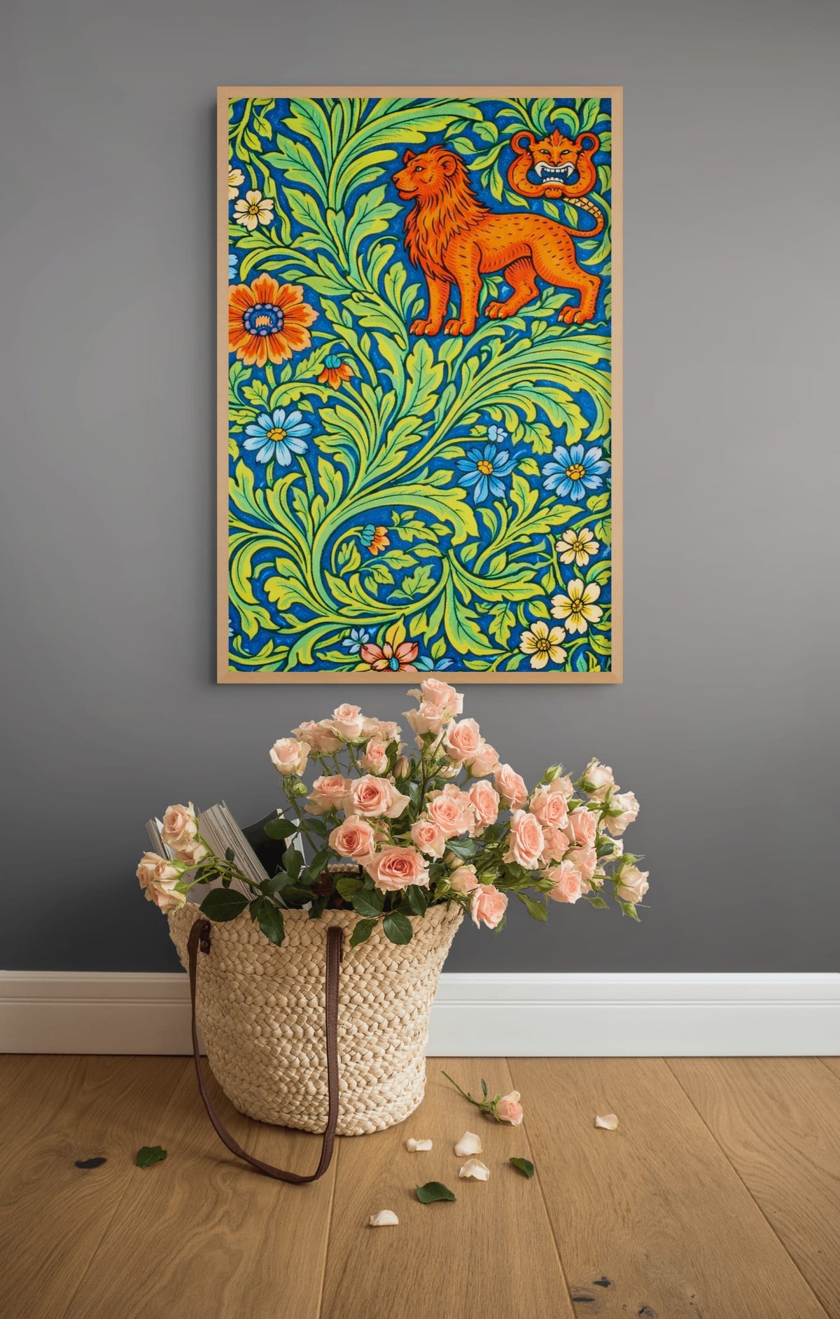 Leeuw in Bloemenranken Schilderij