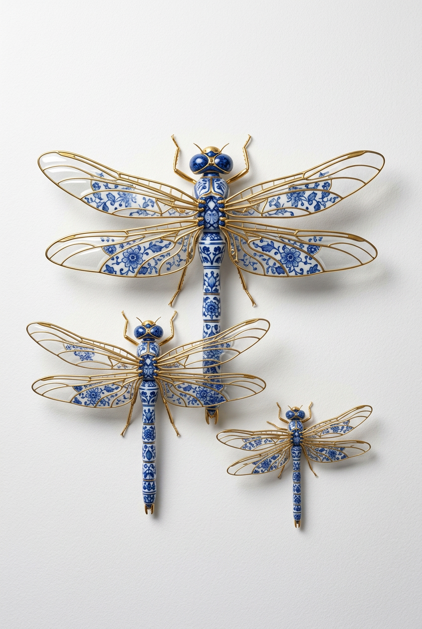 Libellen met Delfts blauw patroon en gouden details op lichte achtergrond