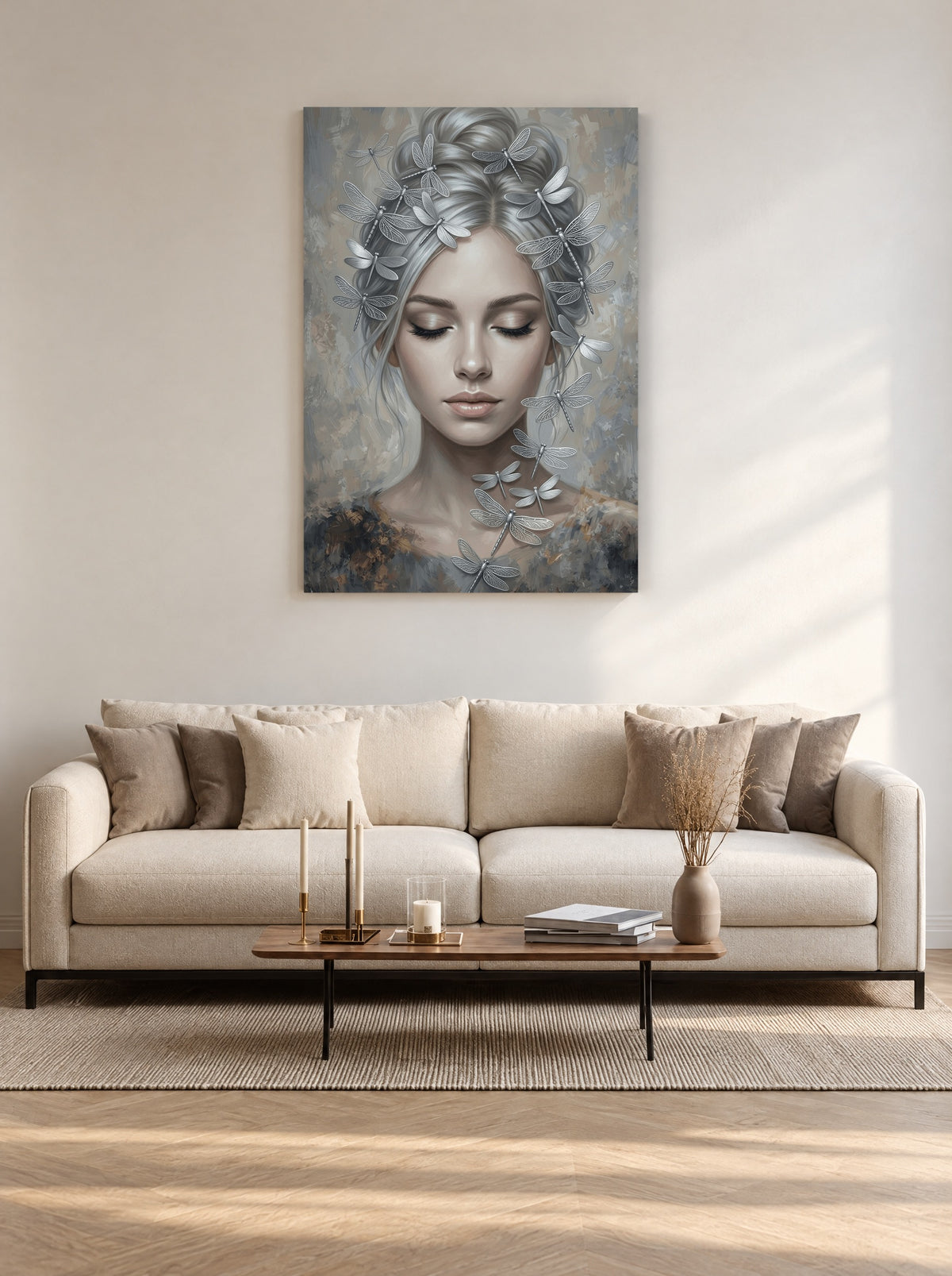 Libellendroom in Zilverstilte als canvas zonder lijst aan de muur