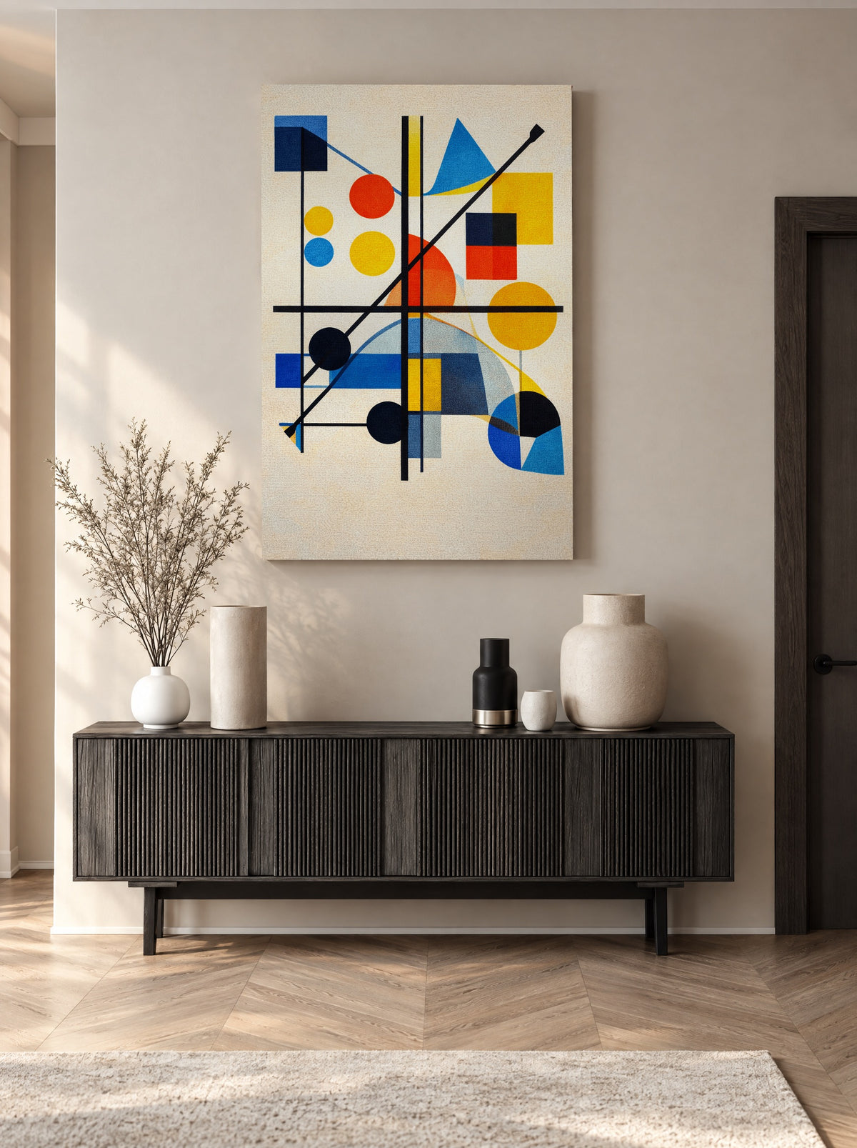 Lijnenstorm in Primakleuren als canvas zonder lijst aan de muur