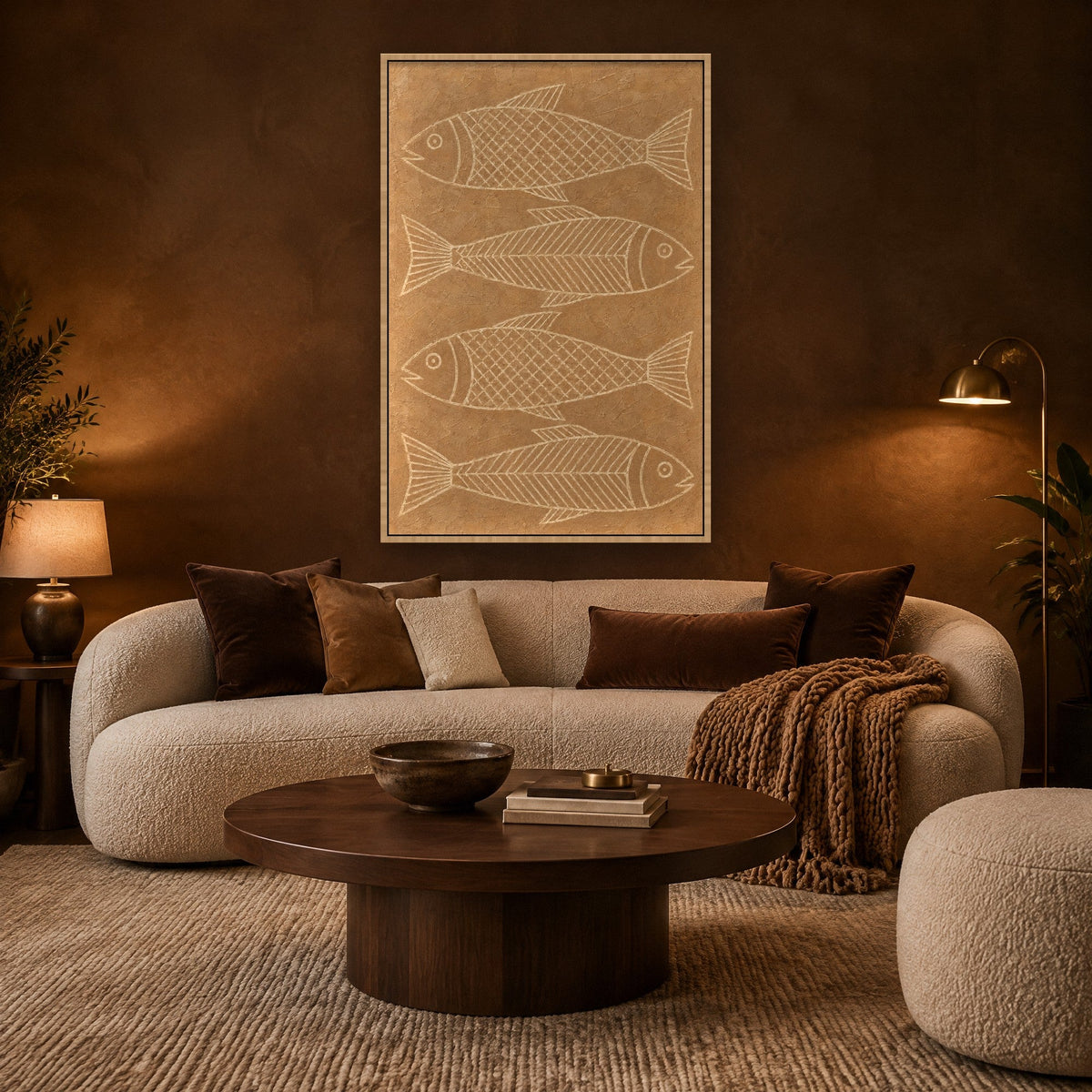 Four Fish in Line Work wall art with natural wood frame on the wall in the living room