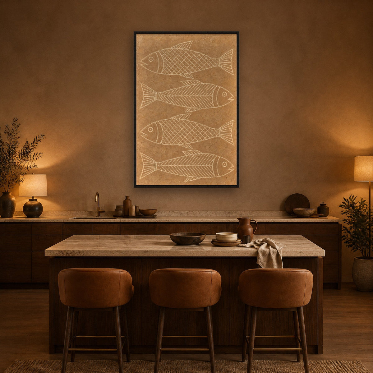 Four Fish in Line Work wall art with black frame on the wall in the kitchen
