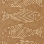 Four stylised fish in cream line work with lattice and herringbone motifs on caramel brown