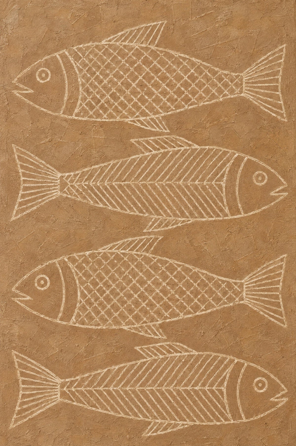 Four stylised fish in cream line work with lattice and herringbone motifs on caramel brown