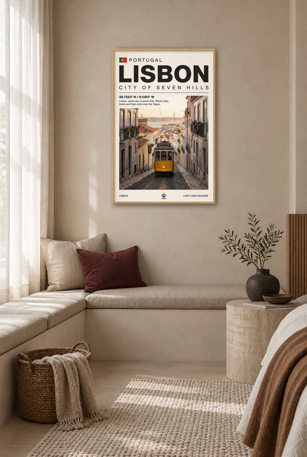 Lissabon Stad van Zeven Heuvels Wandbild mit Naturholzrahmen an der Wand im Schlafzimmer