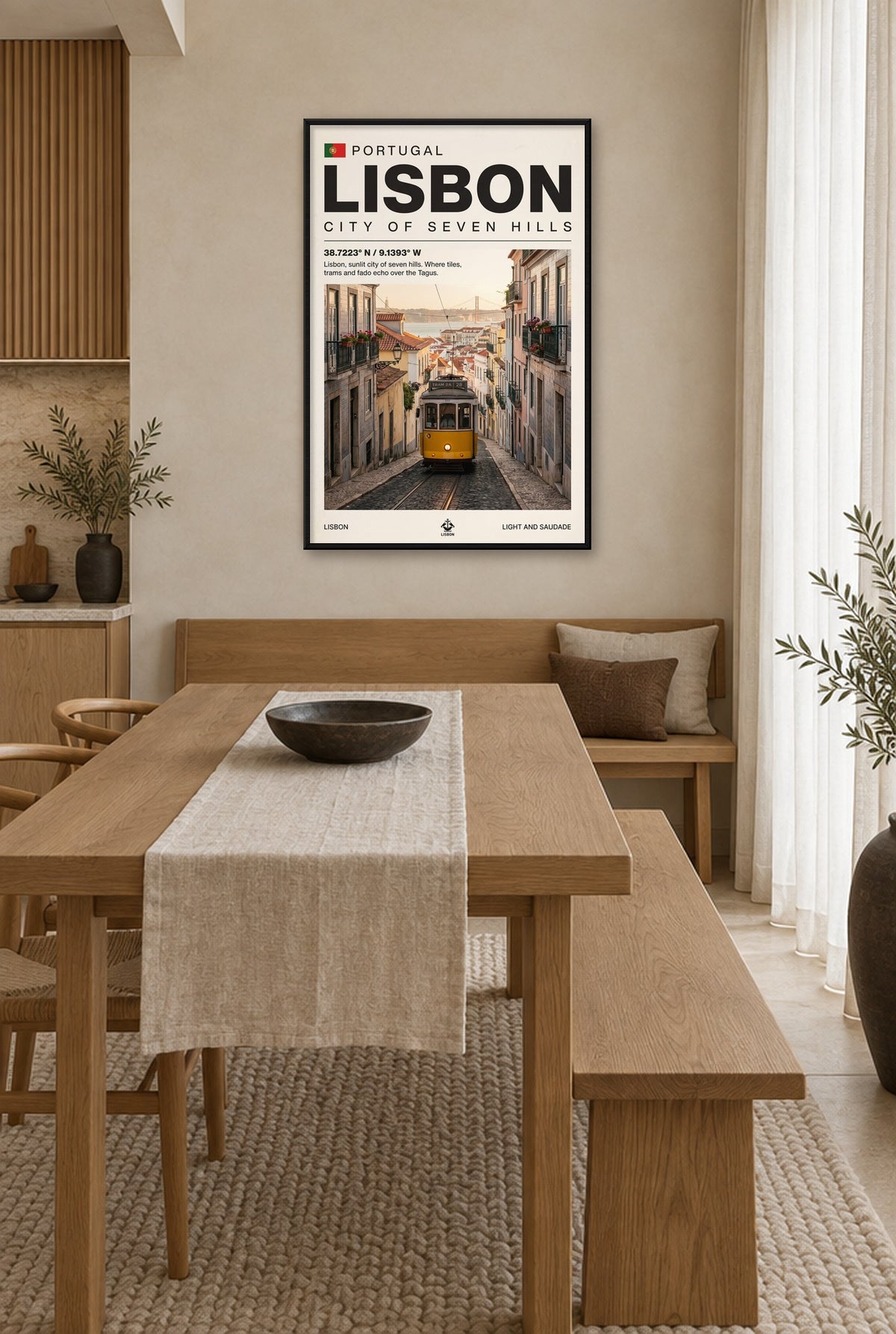 Lissabon Stad van Zeven Heuvels Wandbild mit schwarzem Rahmen an der Wand in der Küche