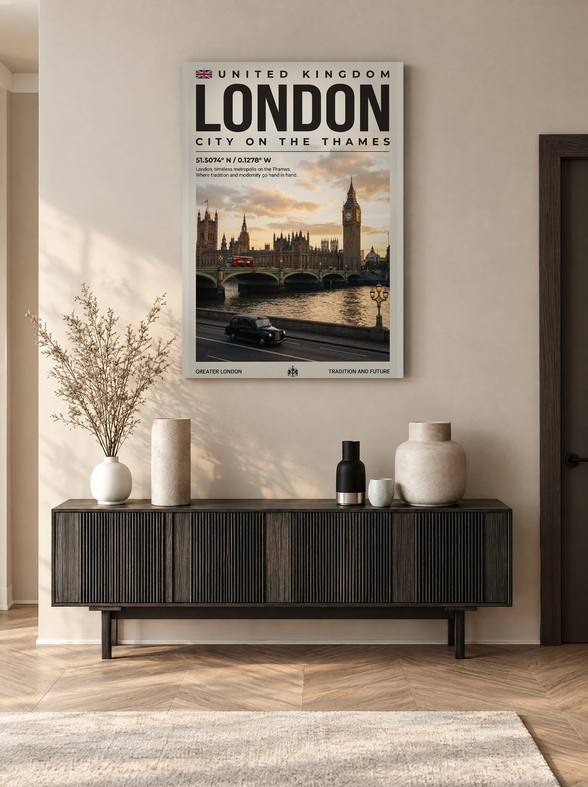 Londen Stad aan de Theems als canvas zonder lijst aan de muur