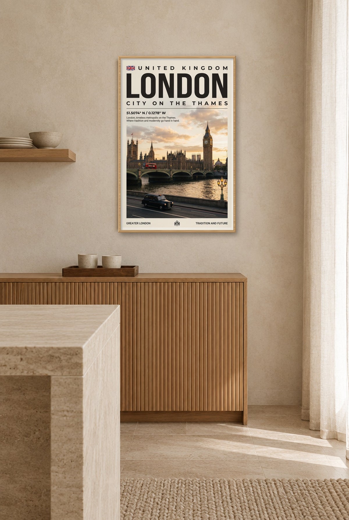 Londen Stad aan de Theems Wandbild mit Naturholzrahmen an der Wand in der Küche