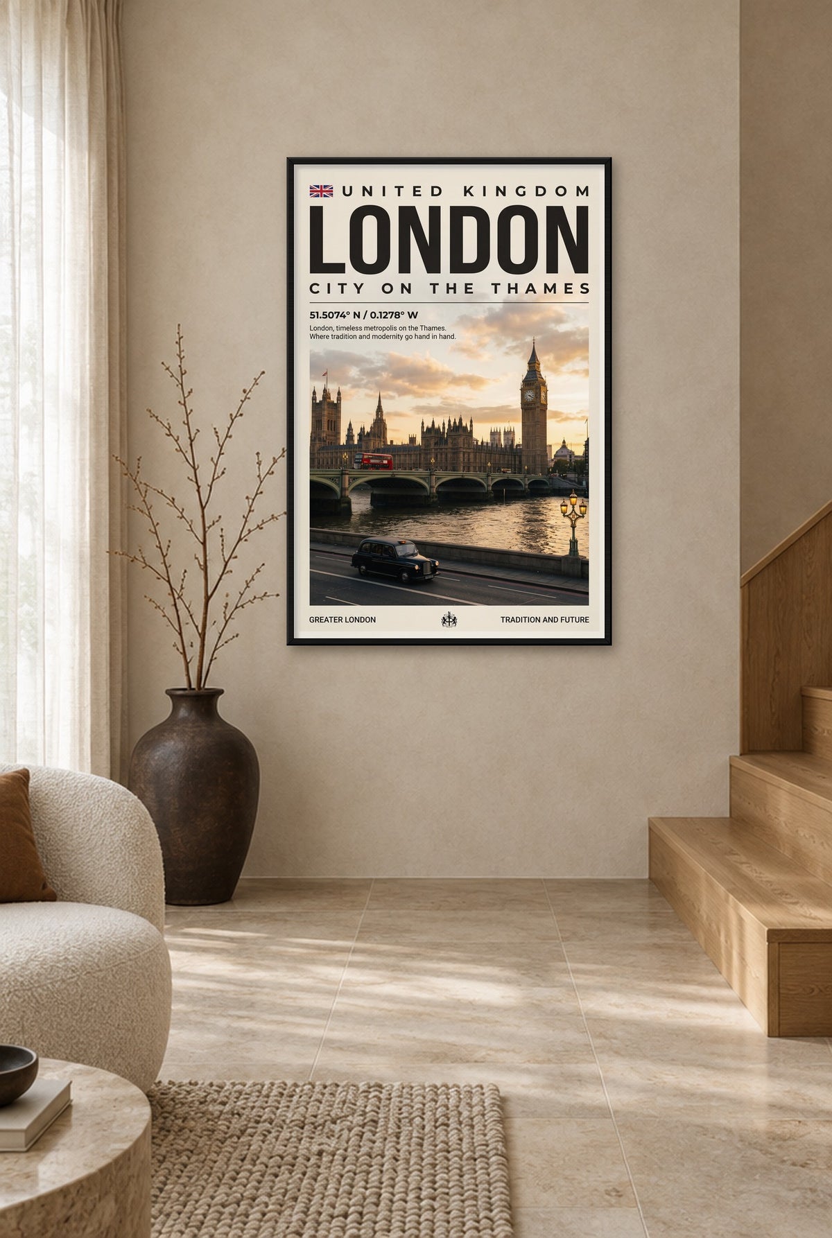 Londen Stad aan de Theems Wandbild mit schwarzem Rahmen an der Wand im Flur