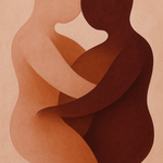 Romantische abstracte wanddecoratie twee omhelzende figuren in warme aardetinten