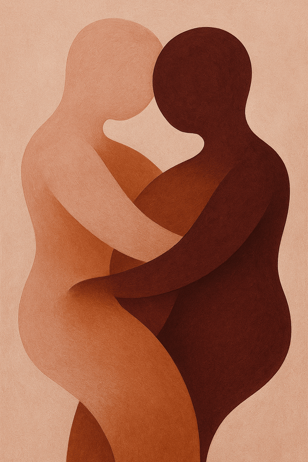 Romantische abstracte wanddecoratie twee omhelzende figuren in warme aardetinten