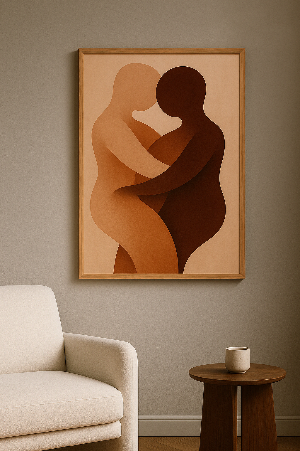 Wanddecoratie in eiken lijst in warme woonkamer