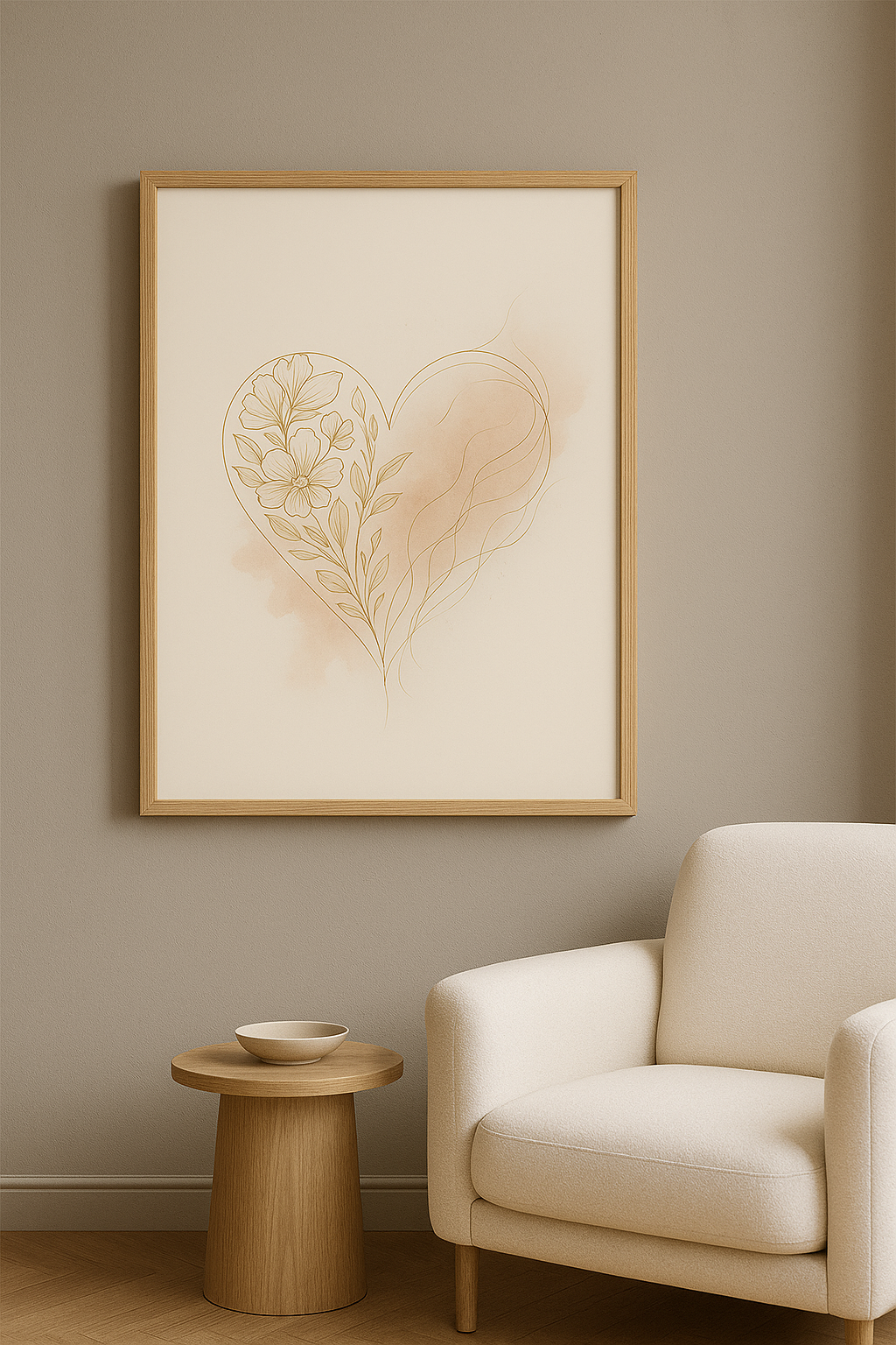 Wanddecoratie in eiken lijst in warme woonkamer