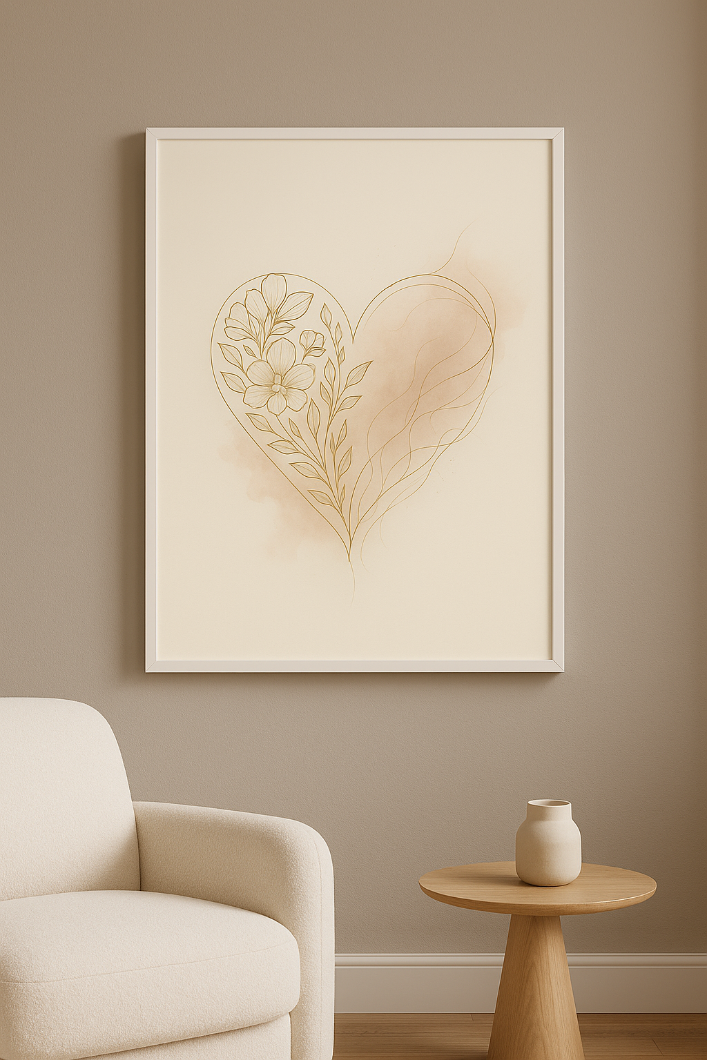 Wanddecoratie in witte lijst in warme woonkamer