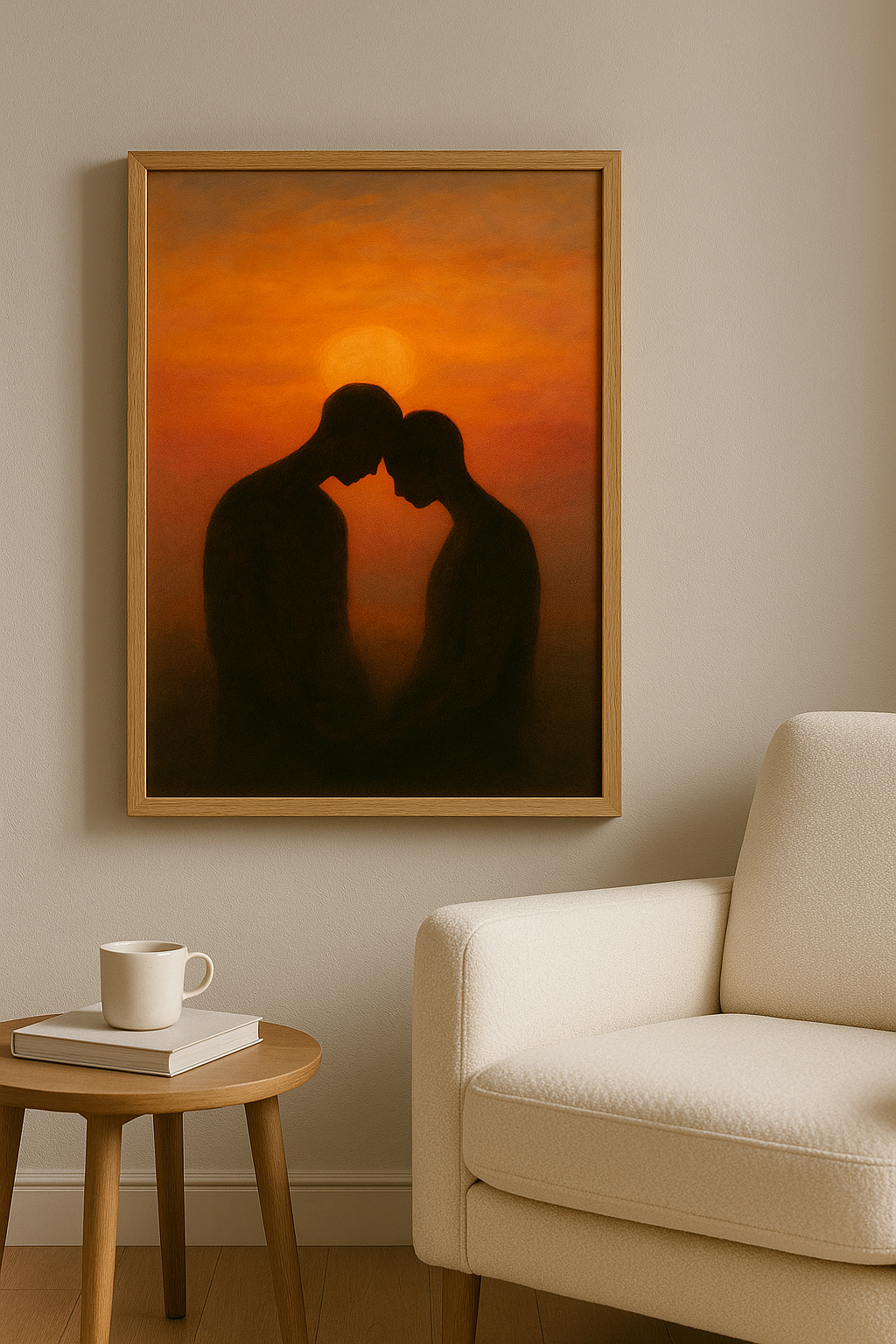 Wanddecoratie in eiken lijst in warme woonkamer