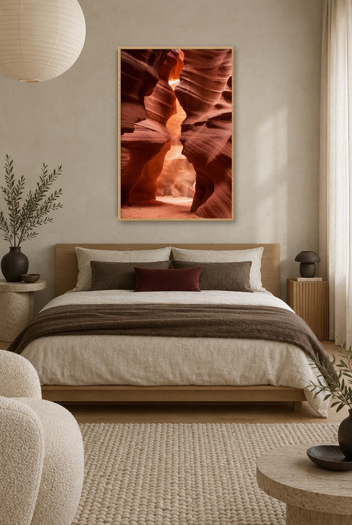 Lower Antelope Canyon Lichtspel Wandbild mit Naturholzrahmen an der Wand im Schlafzimmer