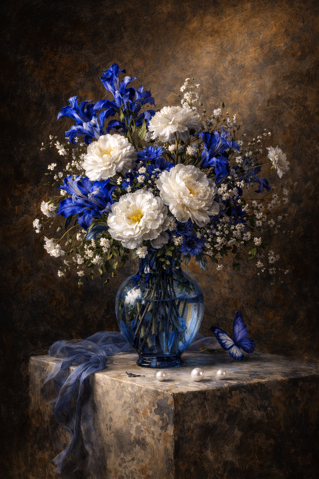 Schilderachtig stilleven met witte en blauwe bloemen in een glazen vaas op donkere achtergrond