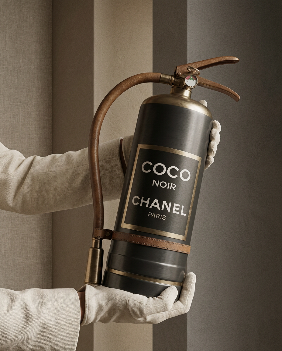 Artistiek beeld van een zwarte design brandblusser met Coco Noir label, vastgehouden met witte handschoenen