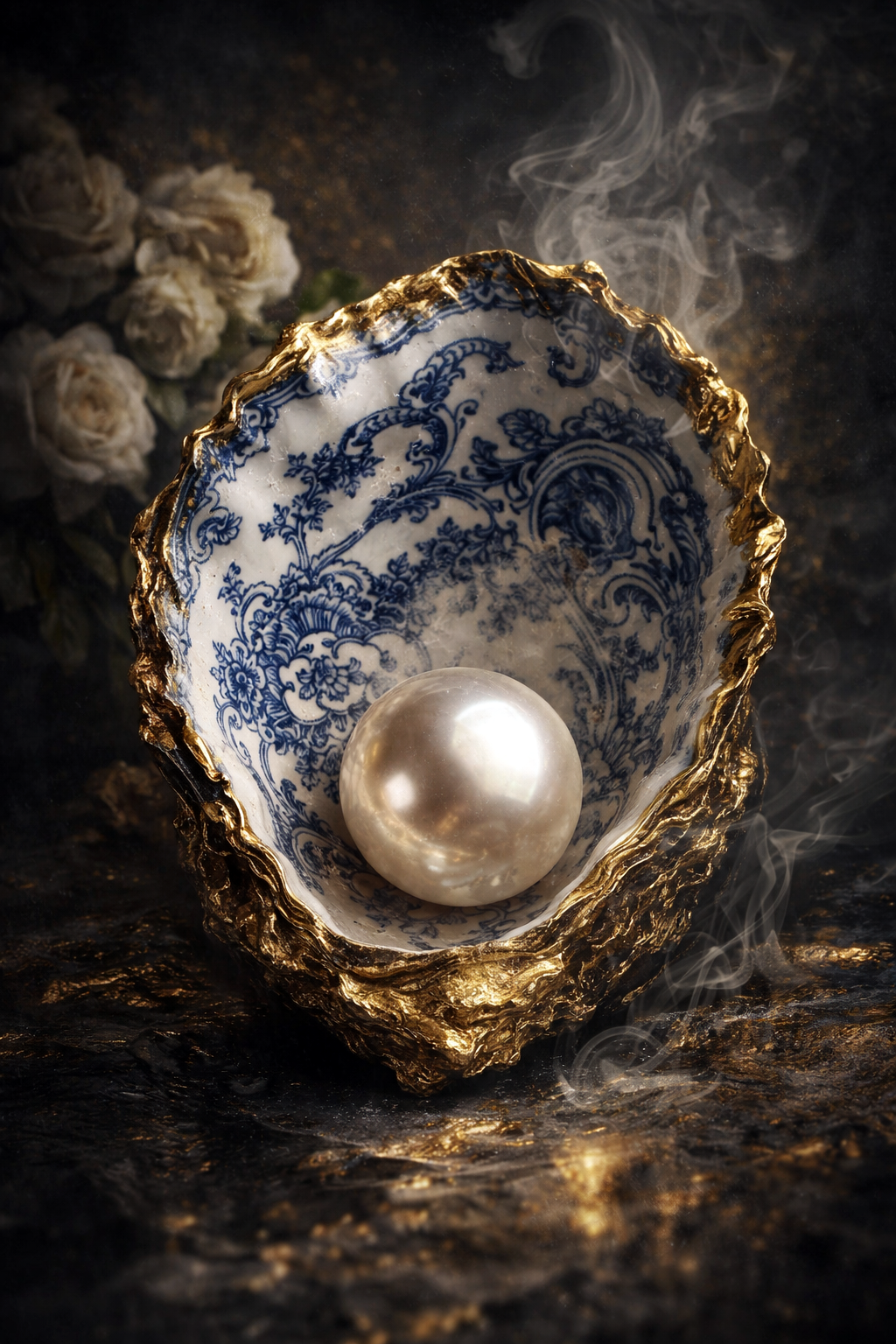 Schilderachtig stilleven van een parel in een sierlijke schelp met blauw-wit patroon en gouden rand