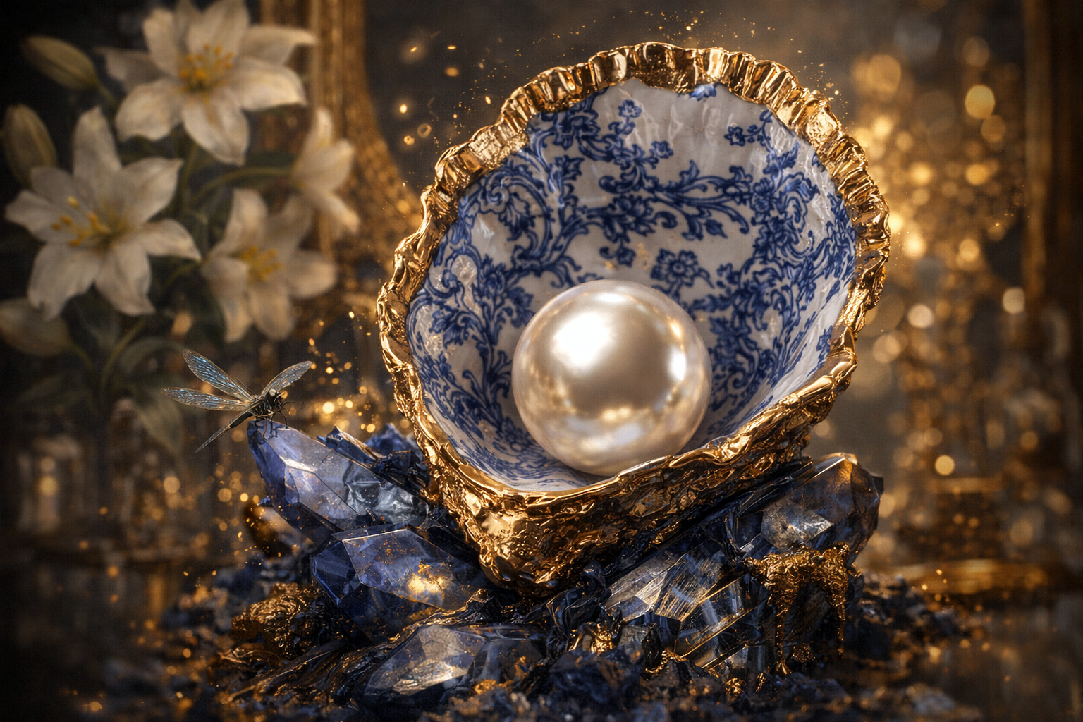 Schilderachtig stilleven van een parel in een sierlijke schelp met gouden rand en blauwe decoratie