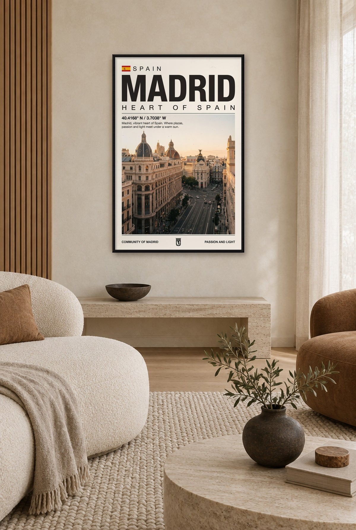 Madrid Hart van Spanje Wandbild mit schwarzem Rahmen an der Wand im Wohnzimmer