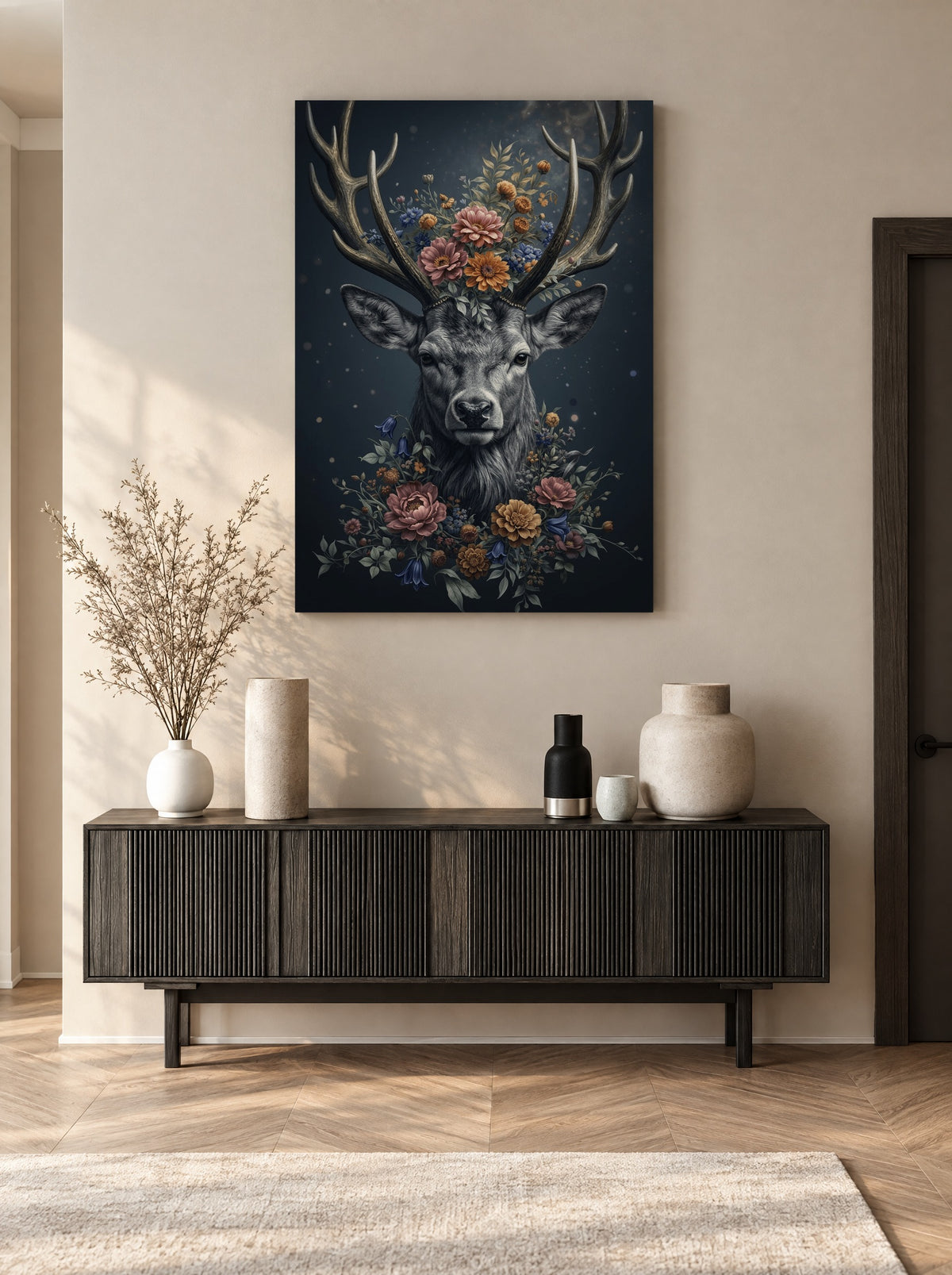 Majestic Floral Stag Portrait als canvas zonder lijst aan de muur