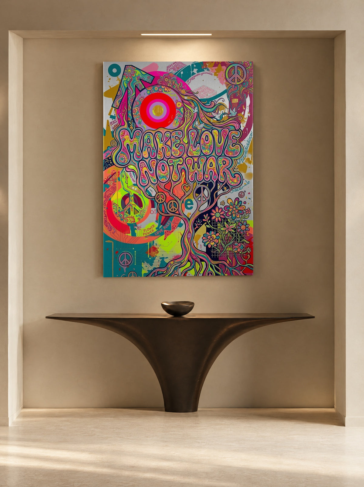 Make Love Not War als canvas zonder lijst aan de muur