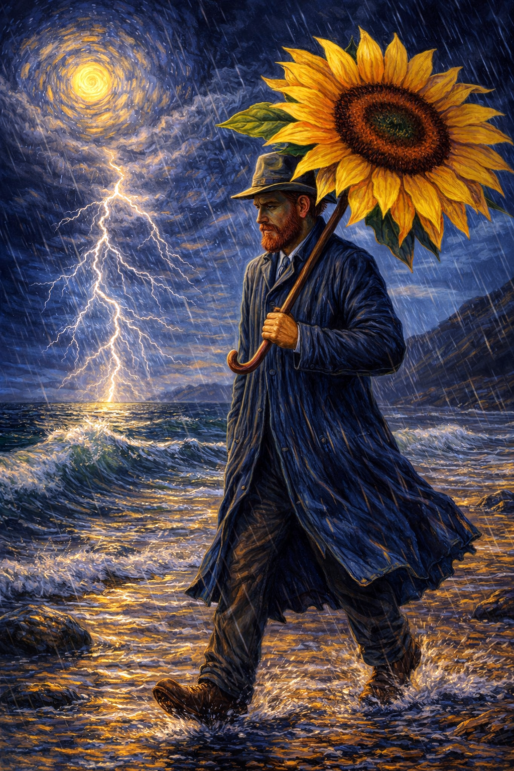 Schilderachtig beeld van een man met een zonnebloem aan zee tijdens een stormachtige nacht