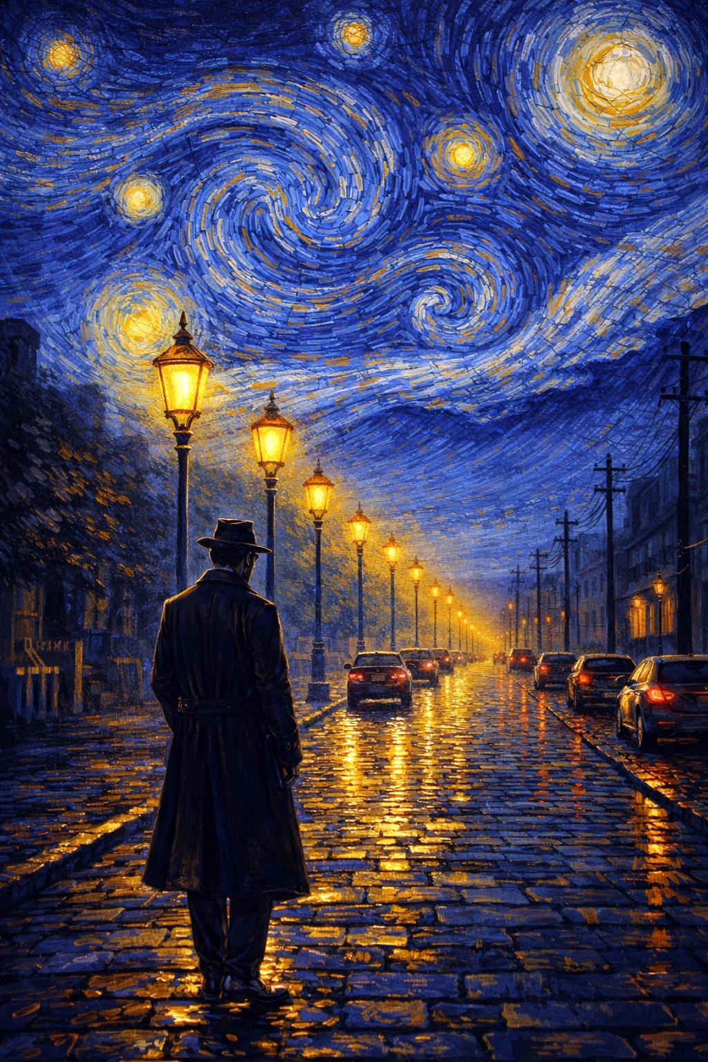 Schilderachtig beeld van een man in lange jas op een natte straat onder een wervelende sterrenhemel